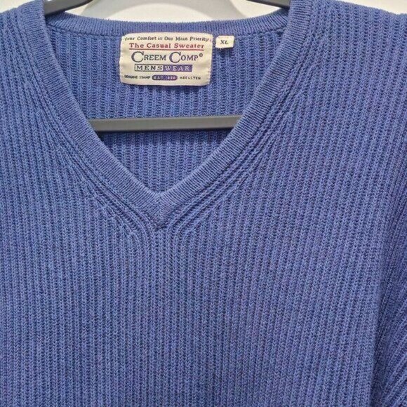 Vintage Creem Comp Menswear Blue Knit V-Neck Sweater XL - Picture 3 of 13